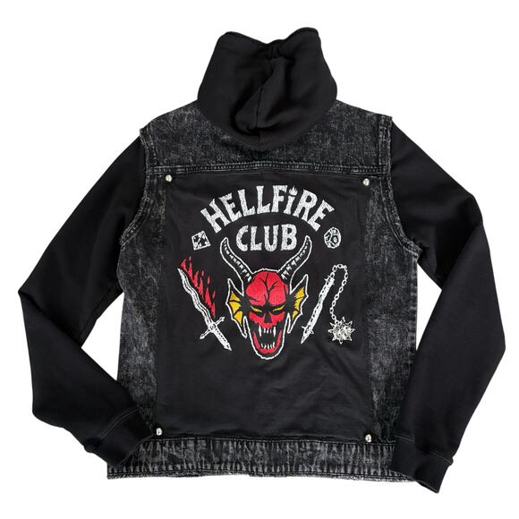 Stranger Things Hellfire Club Upcycled Denim Stud Spike Hoodie Jacket Rock M - Picture 1 of 7